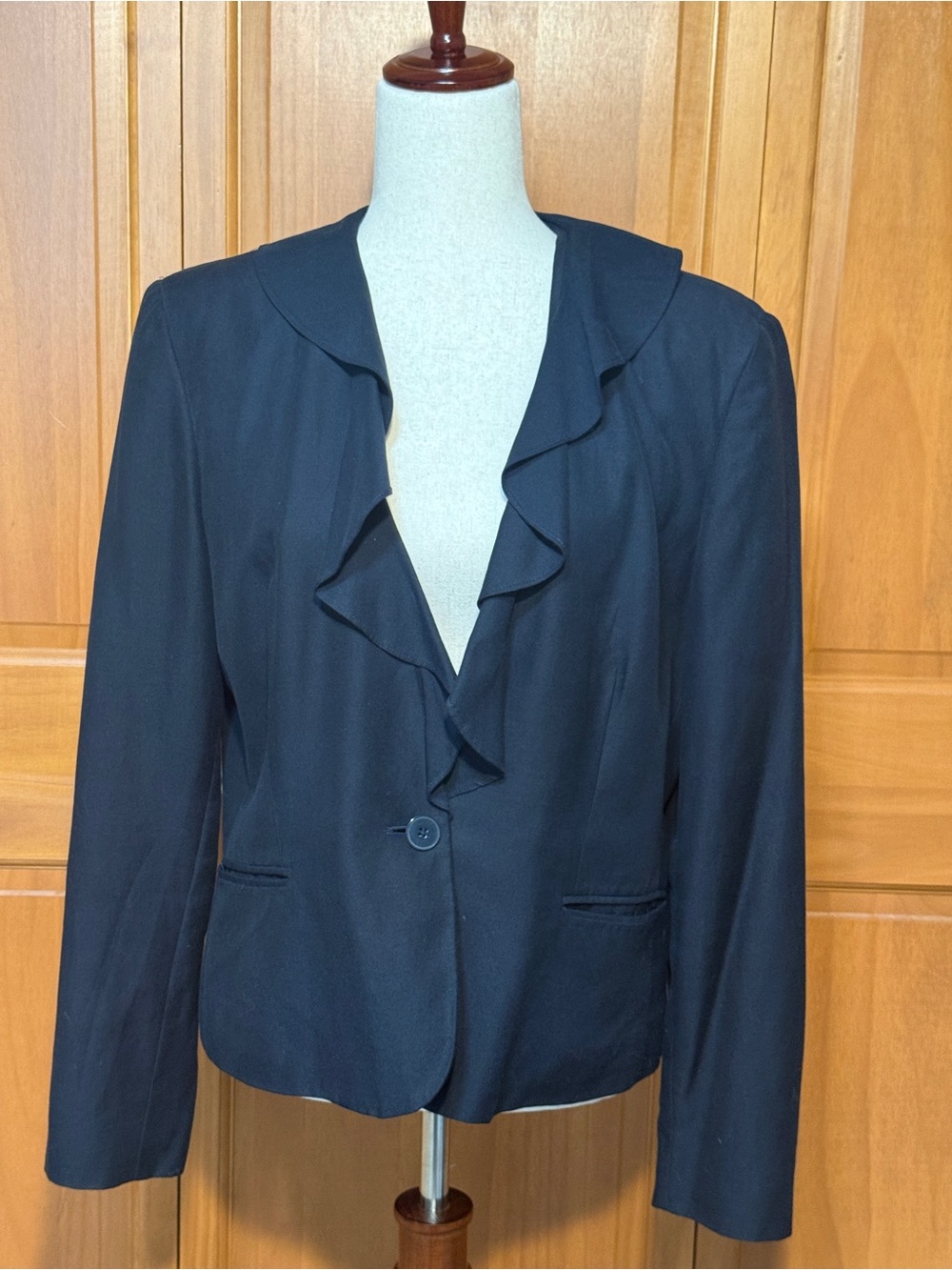 Vintage Ralph Lauren Chaps Silk Cotton Navy Ruffle-Trim Single-Button Jacket